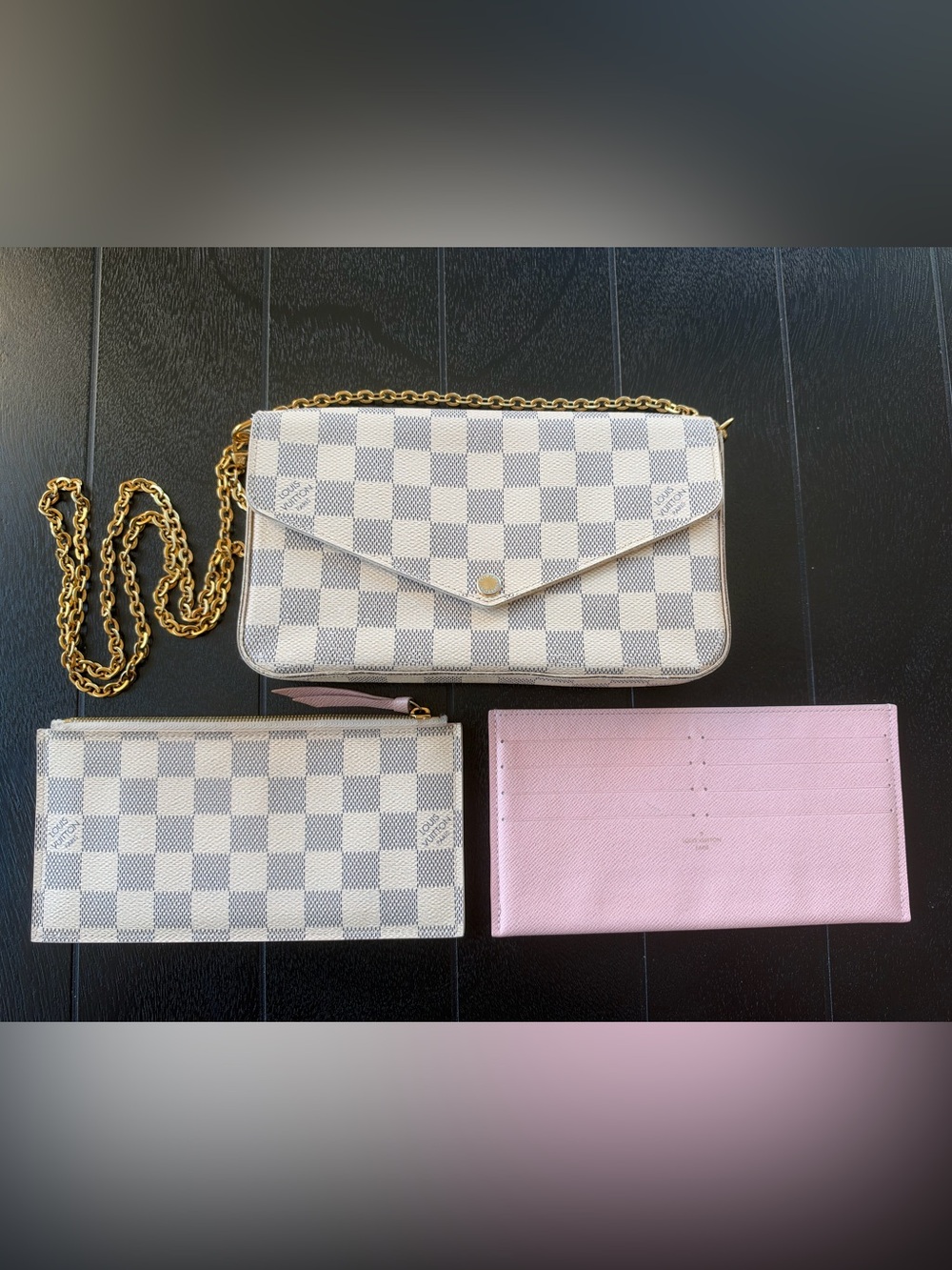 Louis Vuitton Felicie Pochette Damier Azure with both inserts. Authentic.